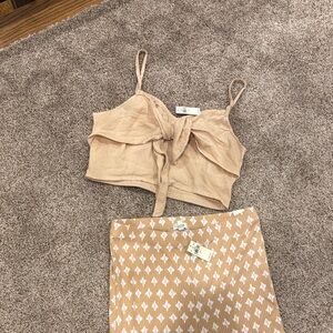 Beige Tie-Front Crop Top With matching flare pants